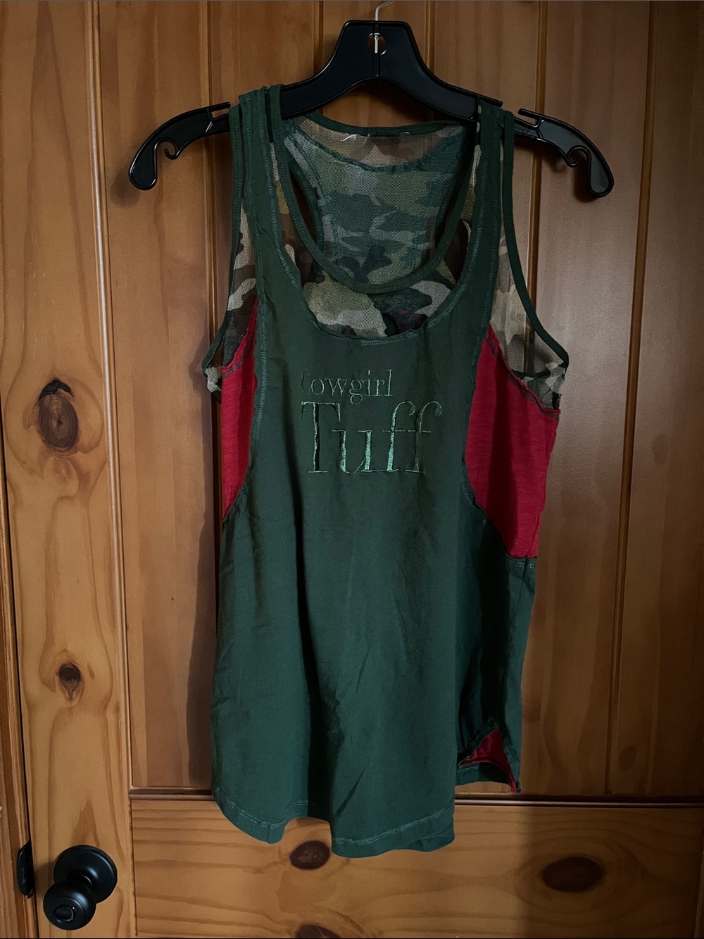 Cowgirl Tuff Green Camo Red Layered Tank Top